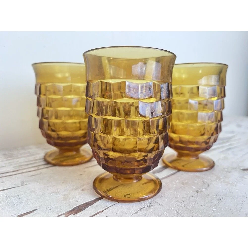 Vintage Indiana Whitehall Amber Footed Cubist 4” Tumblers Glasses (Set Of 4)